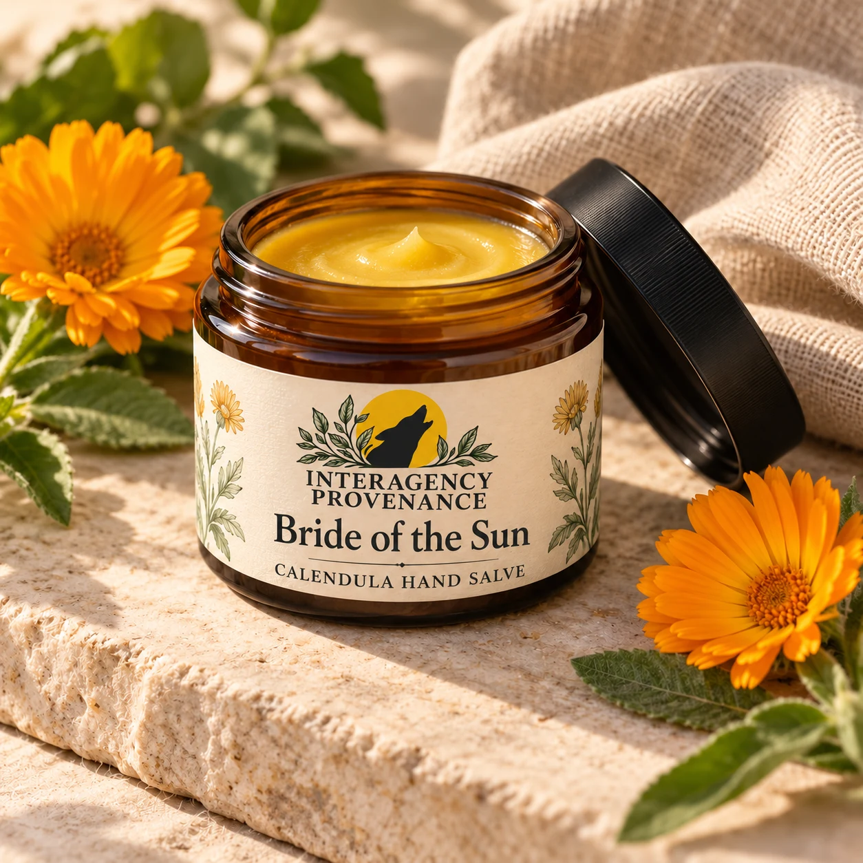 Bride of the Sun calendula hand salve; packaging concept