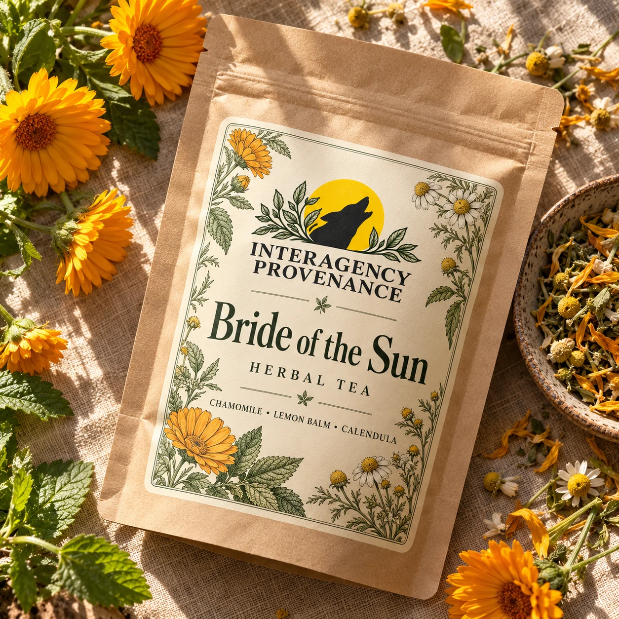 Bride of the Sun — Chamomile, Lemon Balm & Calendula; AI-generated Interagency Provenance packaging concept