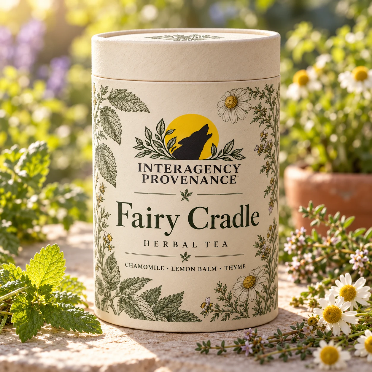 Fairy Cradle — Lemon Balm, Chamomile & Thyme; AI-generated Interagency Provenance packaging concept