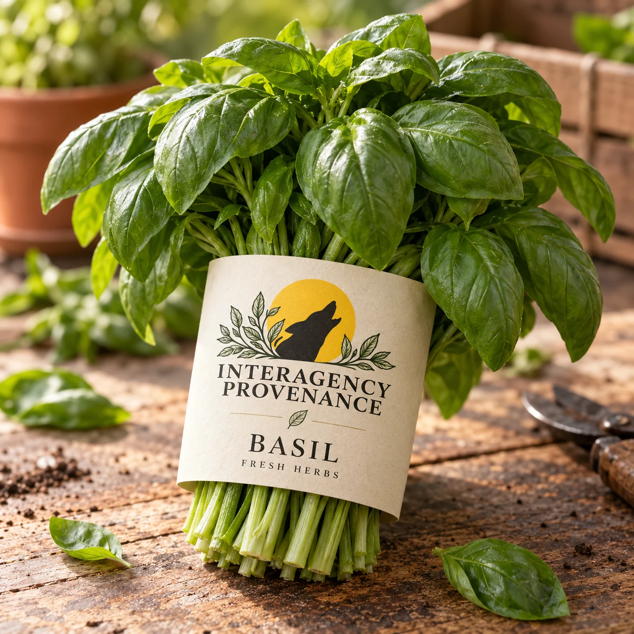 Mortar Leaf — Sweet Basil; AI-generated Interagency Provenance packaging concept