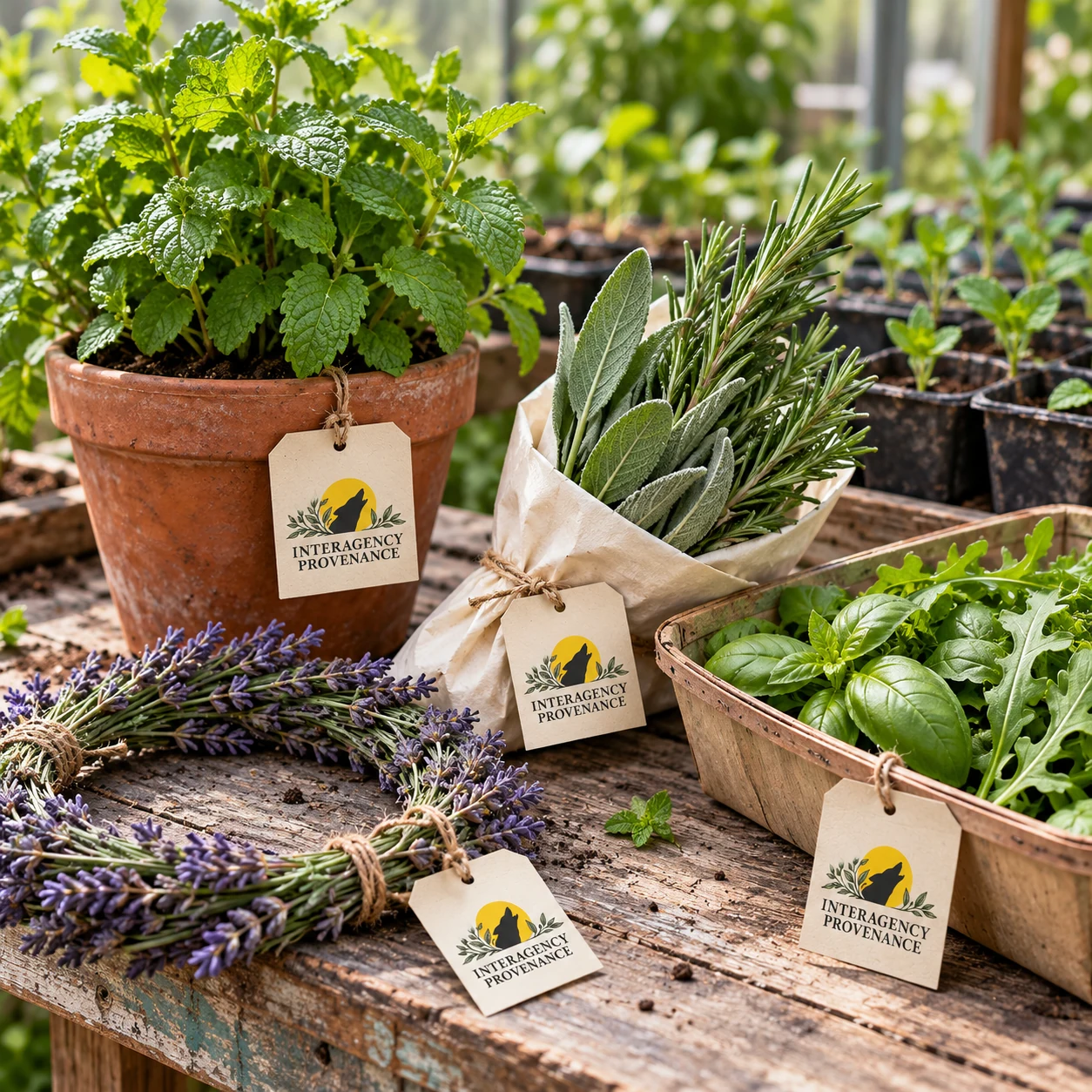 Lavender crown, potted mint, garden herbs and greens; collection concept