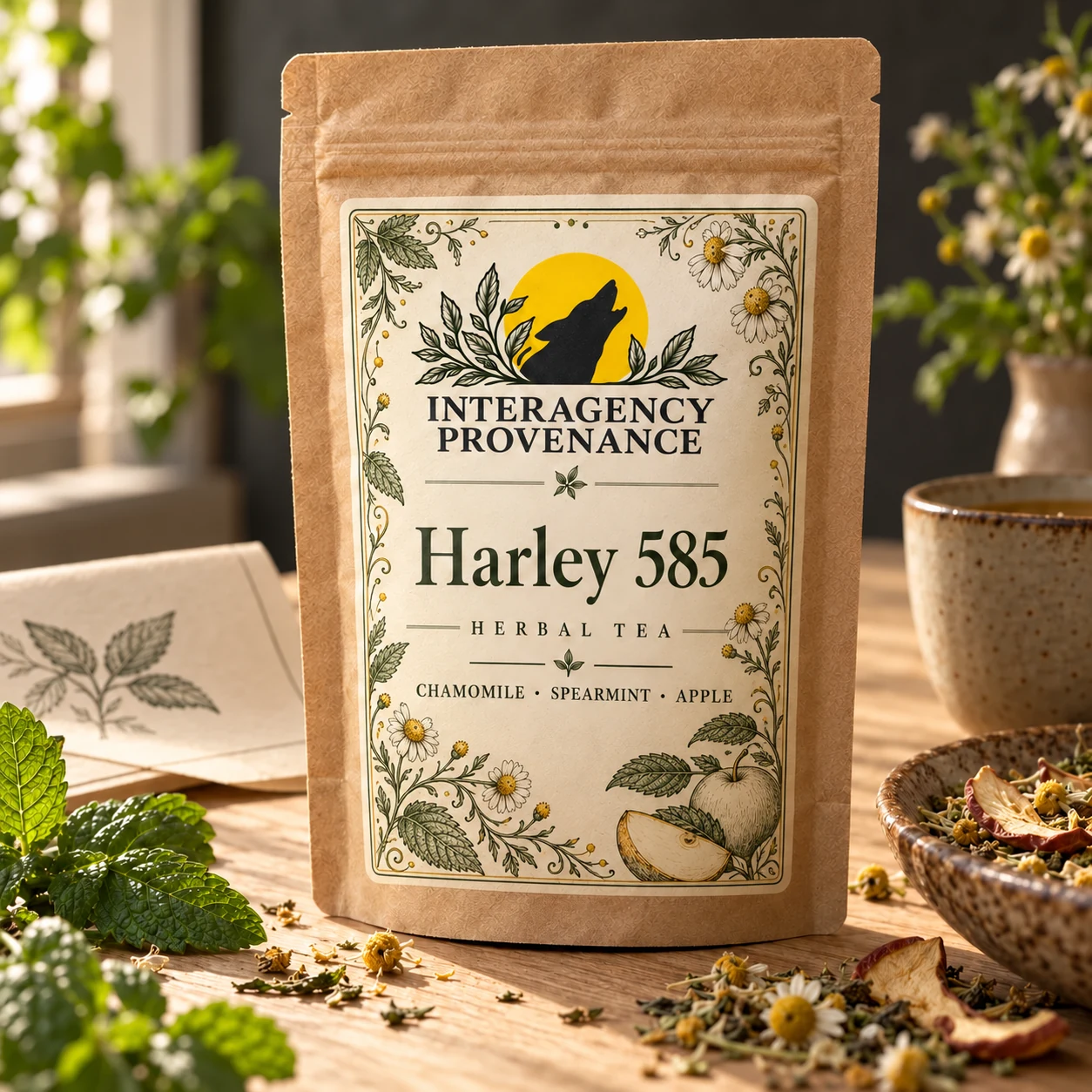 Harley 585 herbal tea with chamomile, spearmint and apple; packaging concept
