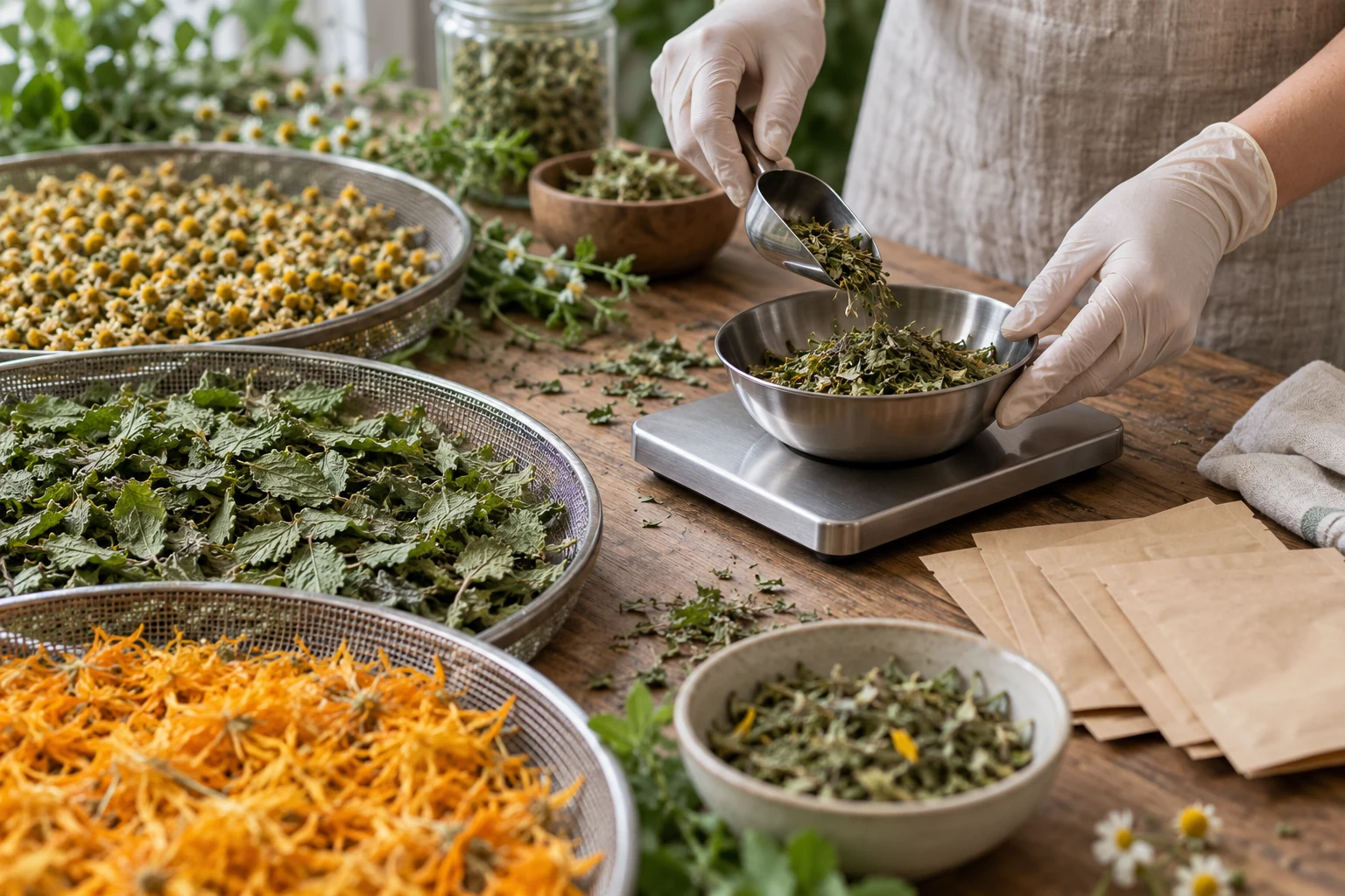 Anonymous hands measuring dried leaves beside separate flower and leaf trays; AI-generated process illustration