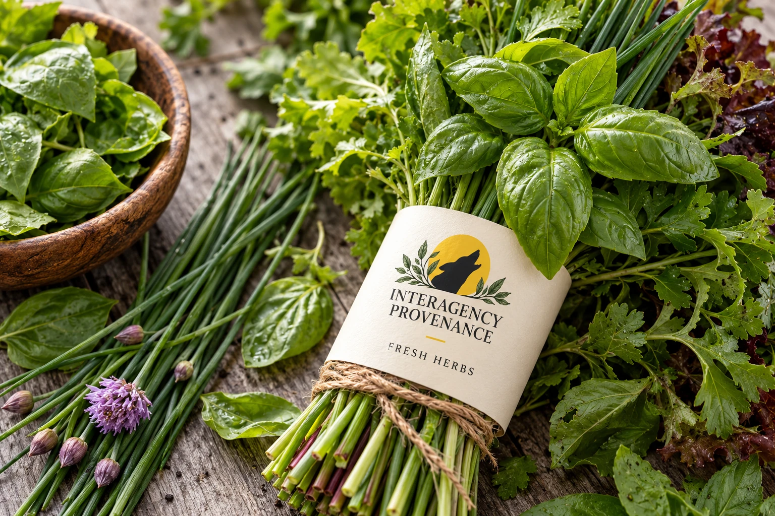 Fresh herbs with an Interagency Provenance paper band; packaging concept