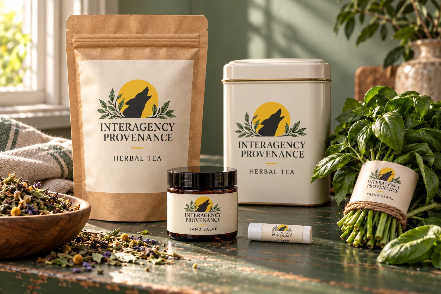 Interagency Provenance concept collection: herbal tea, hand salve, lip balm and fresh herbs on a weathered worktable