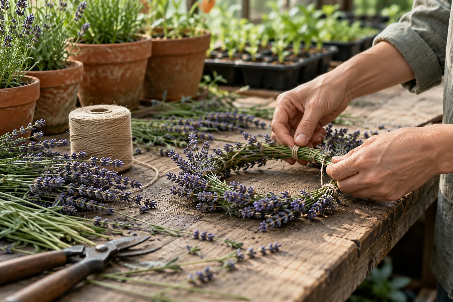 Anonymous hands tying lavender stems into a simple circle; AI-generated process illustration
