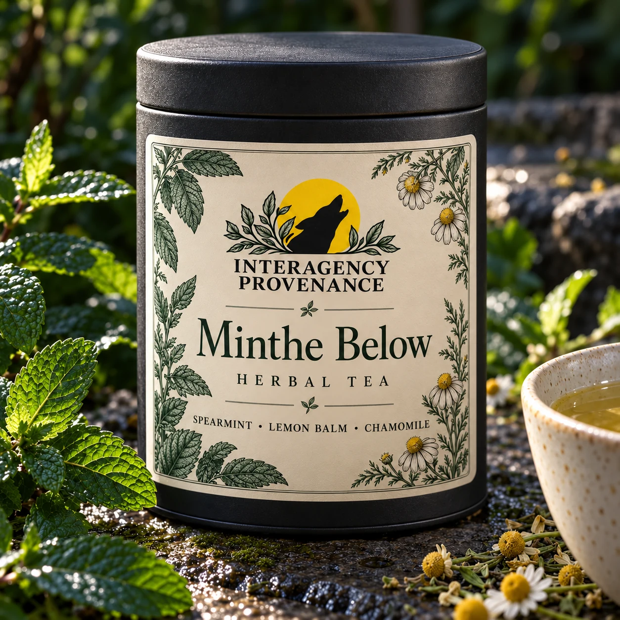 Minthe Below — Spearmint, Lemon Balm & Chamomile; AI-generated Interagency Provenance packaging concept