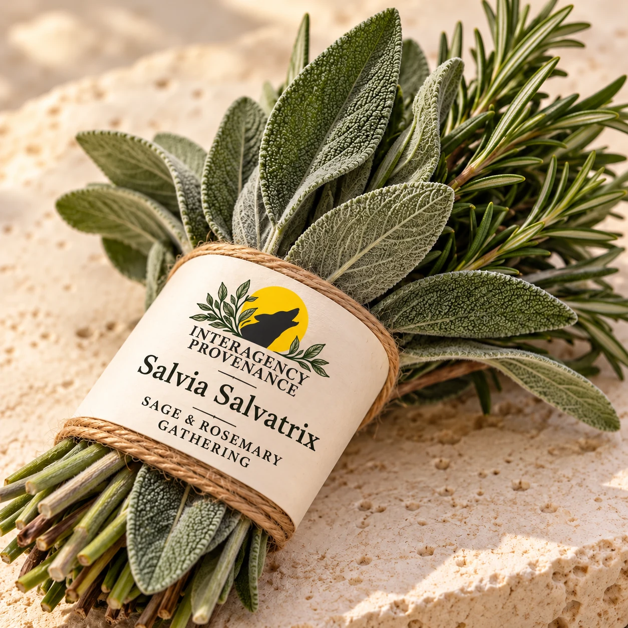 Salvia Salvatrix — Sage & Rosemary Gathering; AI-generated Interagency Provenance packaging concept