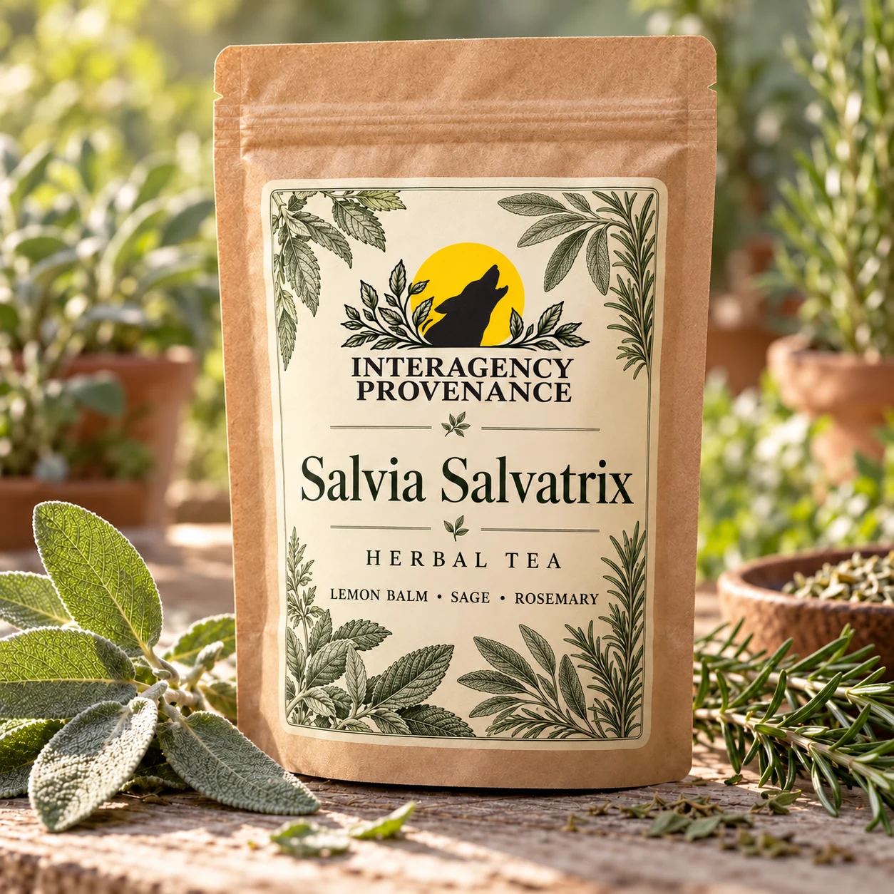 Salvia Salvatrix — Lemon Balm, Sage & Rosemary; AI-generated Interagency Provenance packaging concept