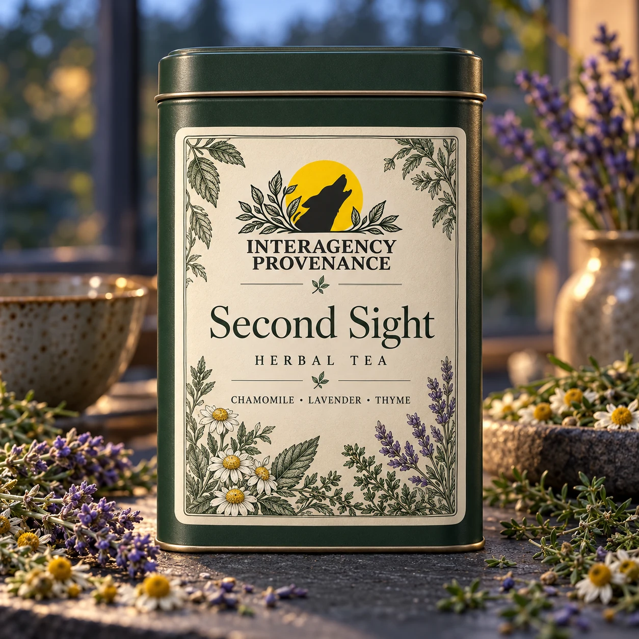 Second Sight — Chamomile, Lavender & Thyme; AI-generated Interagency Provenance packaging concept