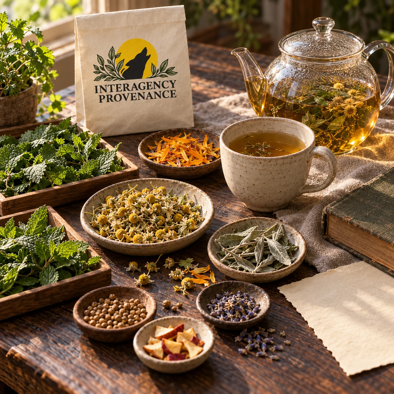Loose leaves, flowers, tea vessels and a worn book on a botanical worktable; AI-generated concept