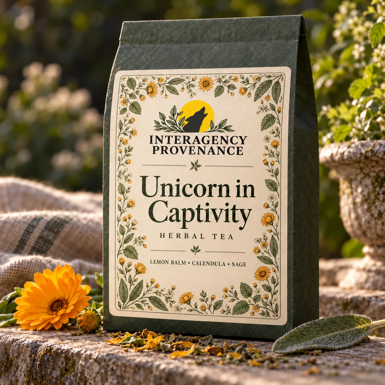 Unicorn in Captivity — Lemon Balm, Calendula & Sage; AI-generated Interagency Provenance packaging concept