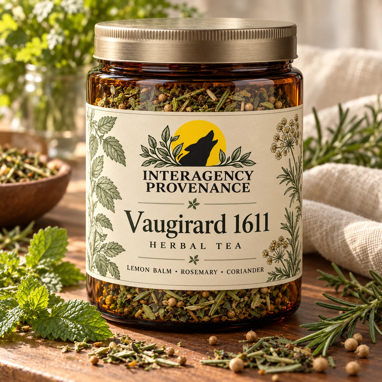 Vaugirard 1611 — Lemon Balm, Rosemary & Coriander; AI-generated Interagency Provenance packaging concept